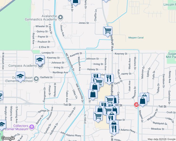 map of restaurants, bars, coffee shops, grocery stores, and more near 1528 Halsey Street in Idaho Falls