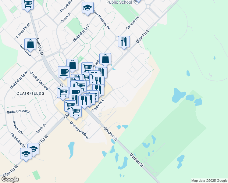 map of restaurants, bars, coffee shops, grocery stores, and more near Hawkins Drive in Guelph