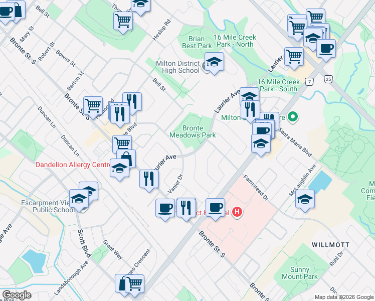 map of restaurants, bars, coffee shops, grocery stores, and more near 105 Laurier Avenue in Milton