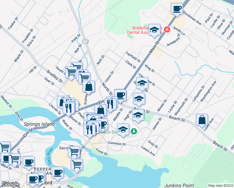 map of restaurants, bars, coffee shops, grocery stores, and more near in Saco