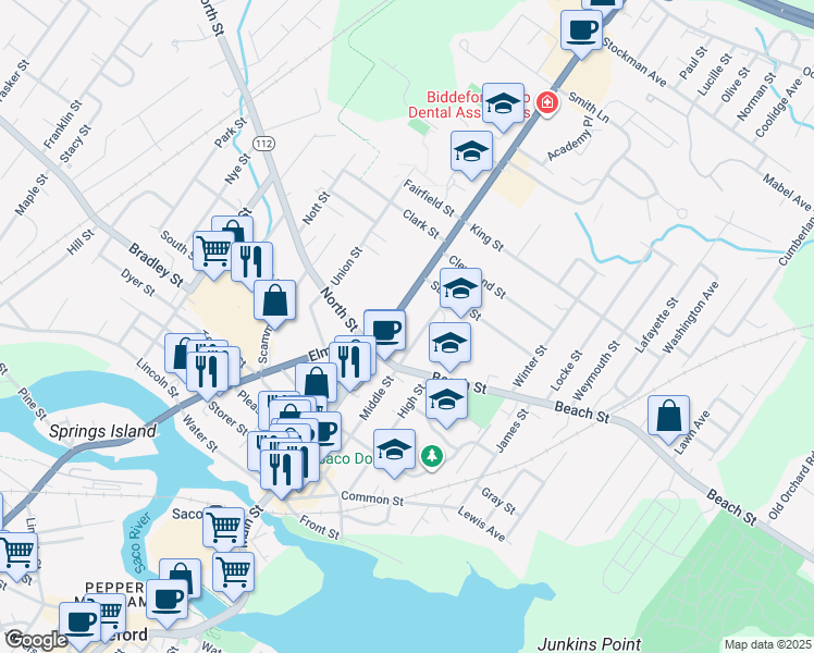 map of restaurants, bars, coffee shops, grocery stores, and more near 371 Main Street in Saco