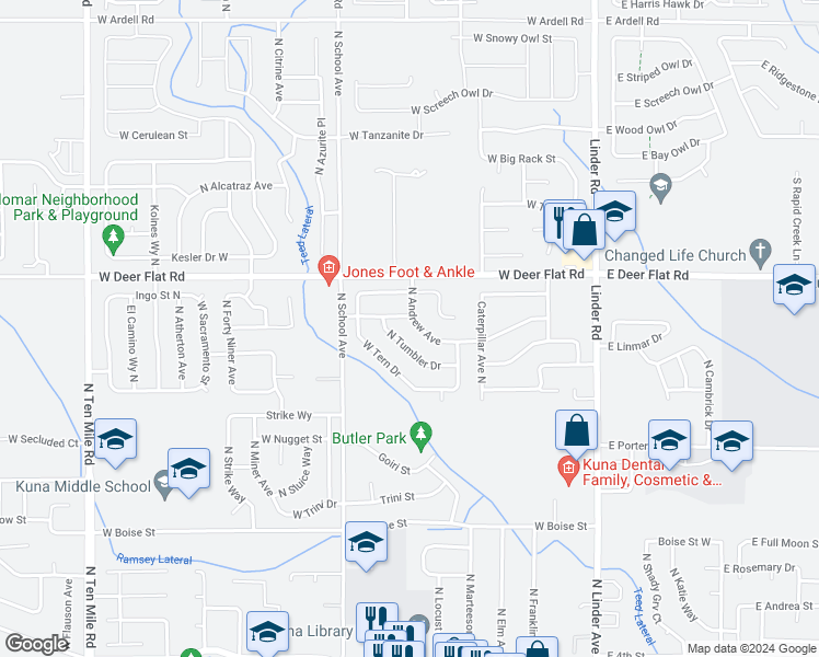 map of restaurants, bars, coffee shops, grocery stores, and more near 1379 North Andrew Avenue in Kuna