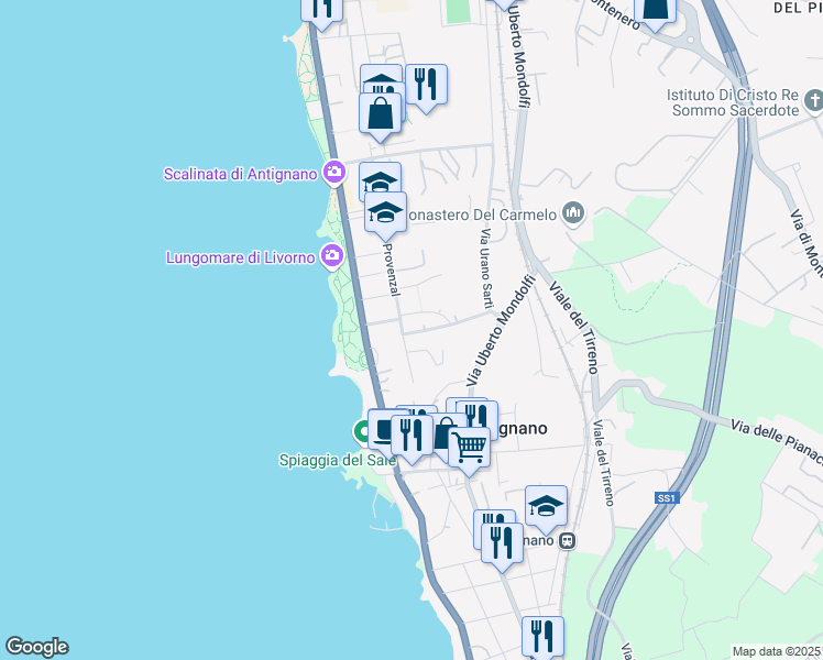 map of restaurants, bars, coffee shops, grocery stores, and more near 1 Via Spolidoro Rurik in Livorno