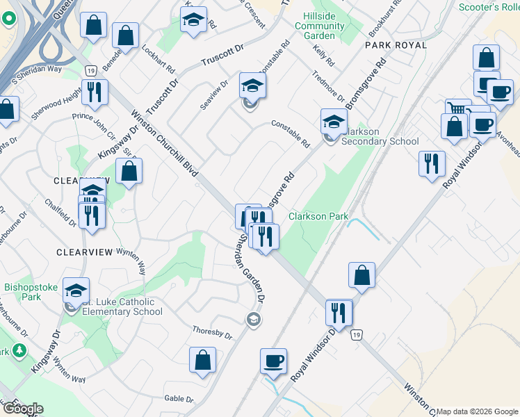 map of restaurants, bars, coffee shops, grocery stores, and more near 2687 Bromsgrove Road in Mississauga