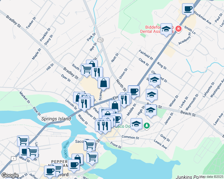 map of restaurants, bars, coffee shops, grocery stores, and more near 22 Vernon Street in Saco