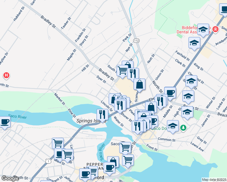map of restaurants, bars, coffee shops, grocery stores, and more near 122 Temple Street in Saco