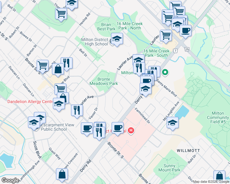map of restaurants, bars, coffee shops, grocery stores, and more near 512 Farmstead Drive in Milton
