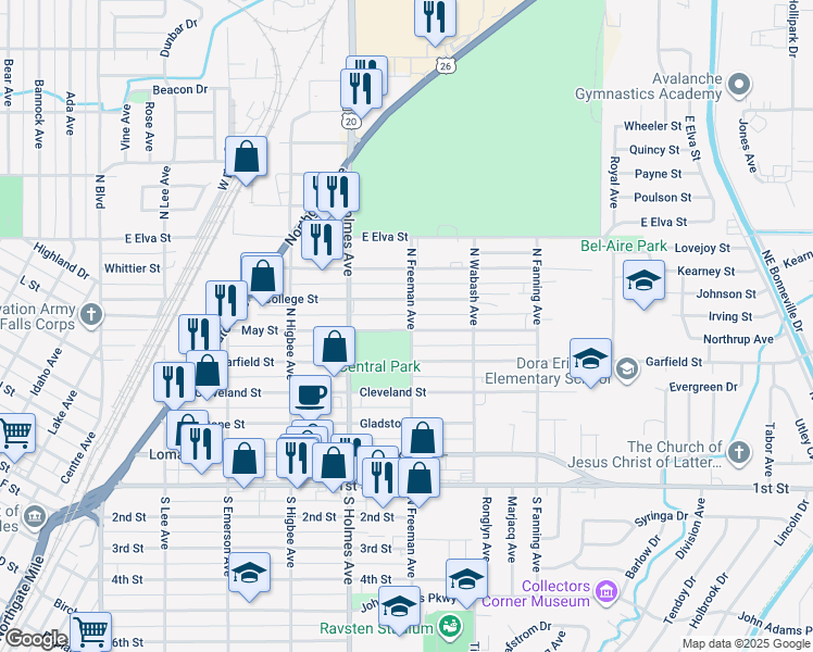 map of restaurants, bars, coffee shops, grocery stores, and more near 5 North Freeman Avenue in Idaho Falls
