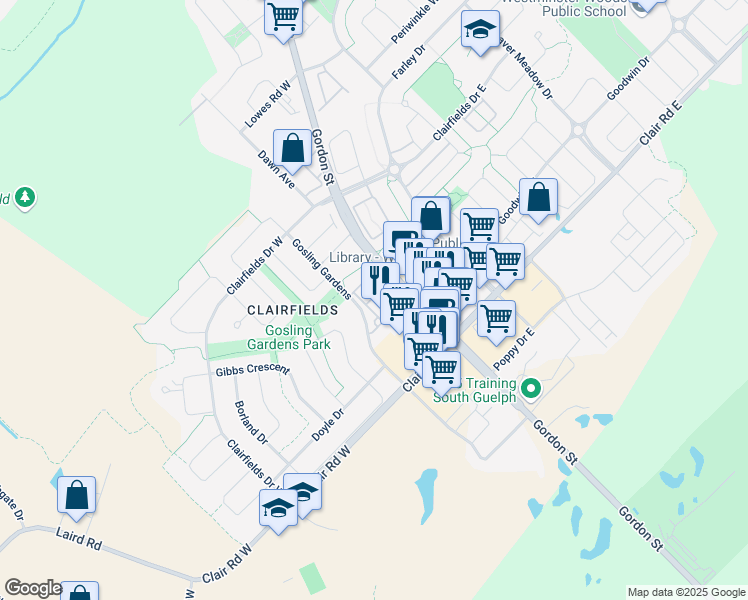 map of restaurants, bars, coffee shops, grocery stores, and more near 121 Gosling Gardens in Guelph