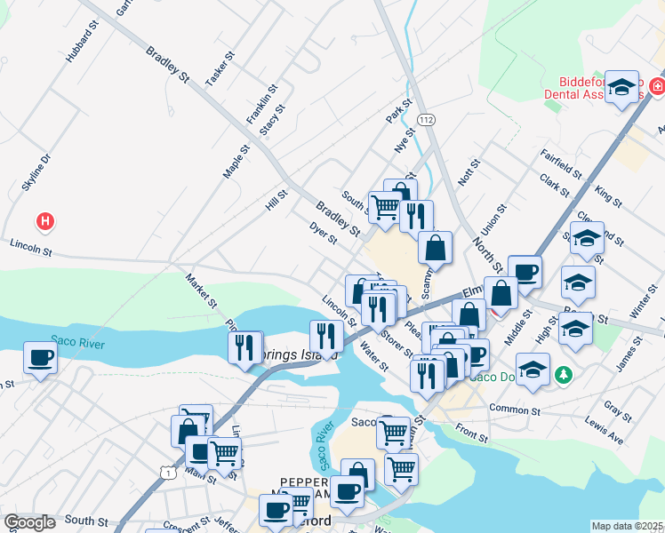 map of restaurants, bars, coffee shops, grocery stores, and more near 166 Pleasant Street in Saco