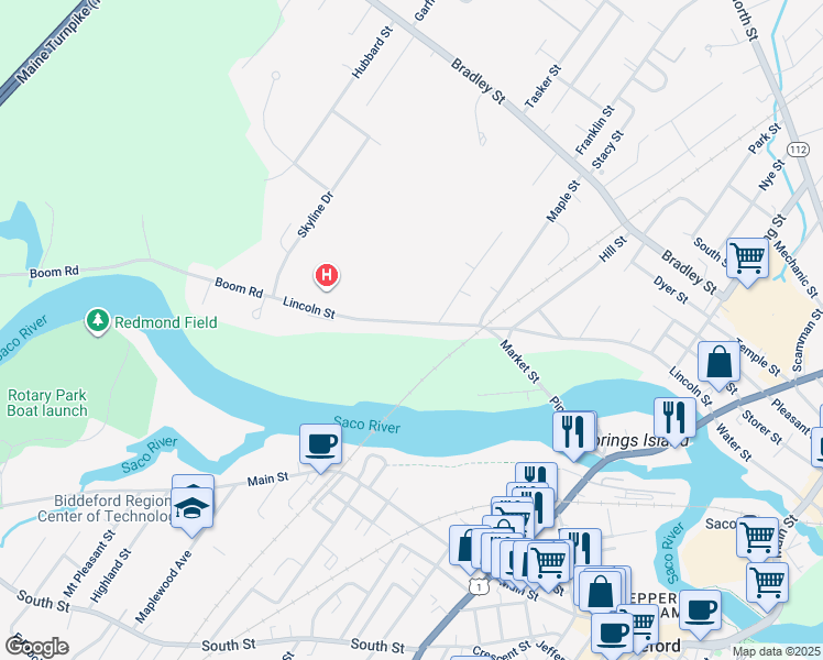 map of restaurants, bars, coffee shops, grocery stores, and more near 276 Lincoln Street in Saco