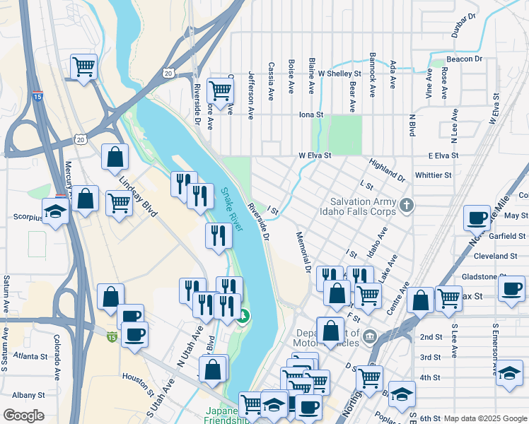 map of restaurants, bars, coffee shops, grocery stores, and more near Temple Place in Idaho Falls