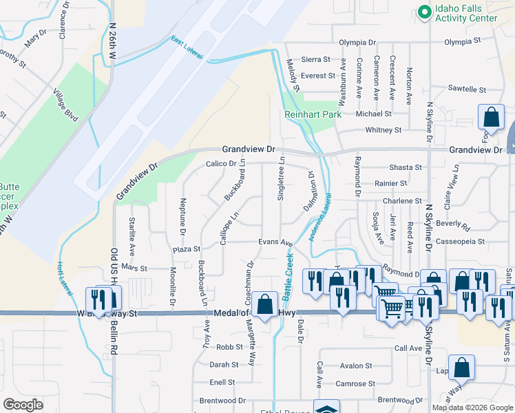 map of restaurants, bars, coffee shops, grocery stores, and more near 833 Coachman Drive in Idaho Falls