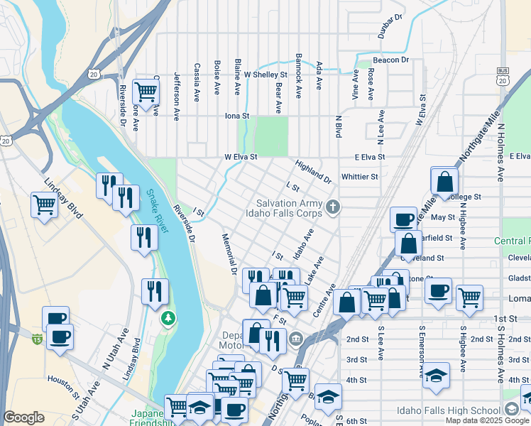 map of restaurants, bars, coffee shops, grocery stores, and more near 1349 Sage Avenue in Idaho Falls