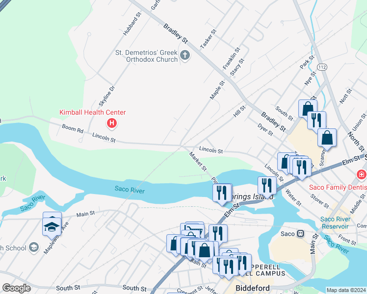map of restaurants, bars, coffee shops, grocery stores, and more near 194 Lincoln Street in Saco