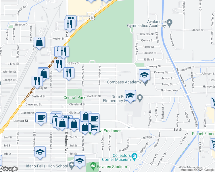 map of restaurants, bars, coffee shops, grocery stores, and more near 743 May Street in Idaho Falls