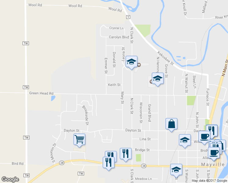 map of restaurants, bars, coffee shops, grocery stores, and more near 1116 Breckenridge St in Mayville
