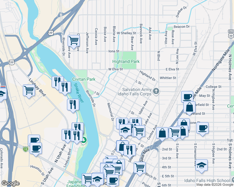 map of restaurants, bars, coffee shops, grocery stores, and more near 709 J Street in Idaho Falls