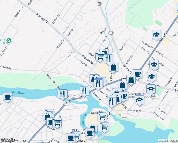 map of restaurants, bars, coffee shops, grocery stores, and more near 166 Pleasant Street in Saco