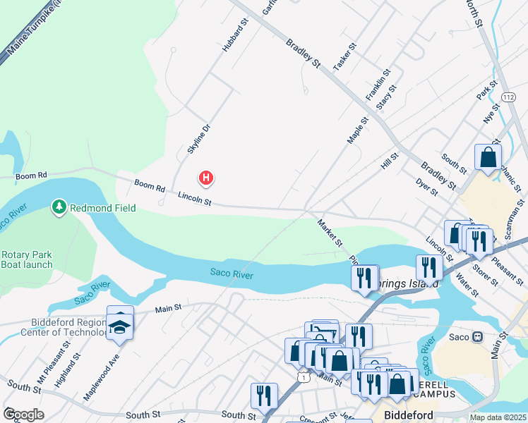 map of restaurants, bars, coffee shops, grocery stores, and more near 276 Lincoln Street in Saco