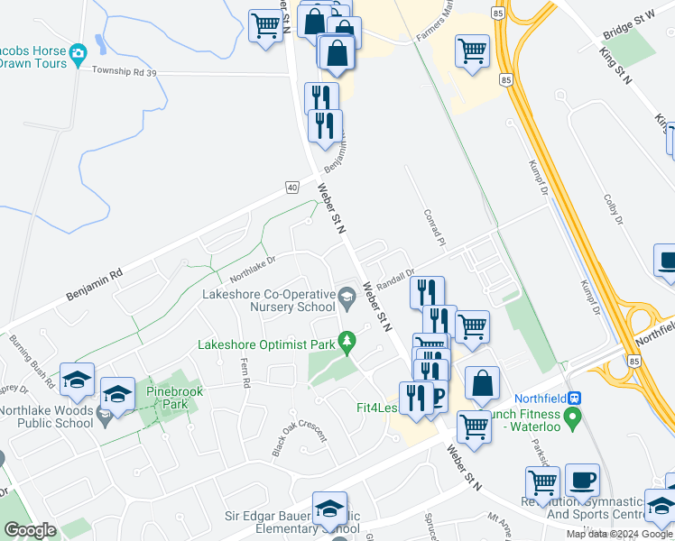 map of restaurants, bars, coffee shops, grocery stores, and more near 331 Northlake Drive in Waterloo