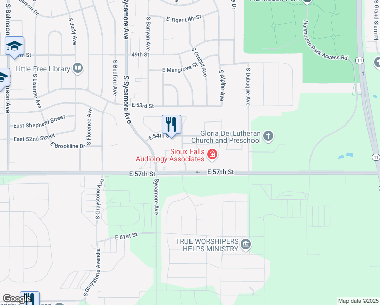 map of restaurants, bars, coffee shops, grocery stores, and more near 4801 South Hosta Avenue in Sioux Falls