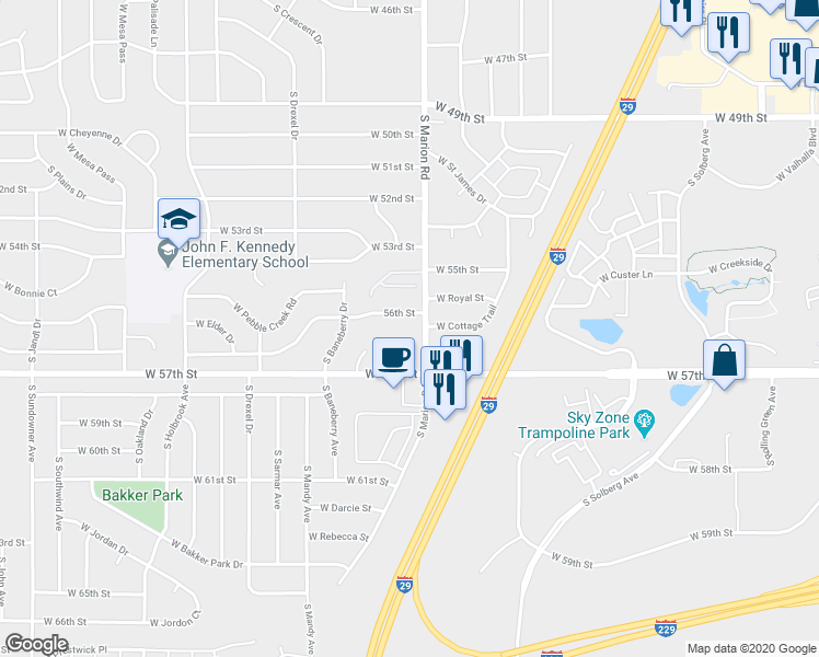 map of restaurants, bars, coffee shops, grocery stores, and more near 5401 56th Street in Sioux Falls