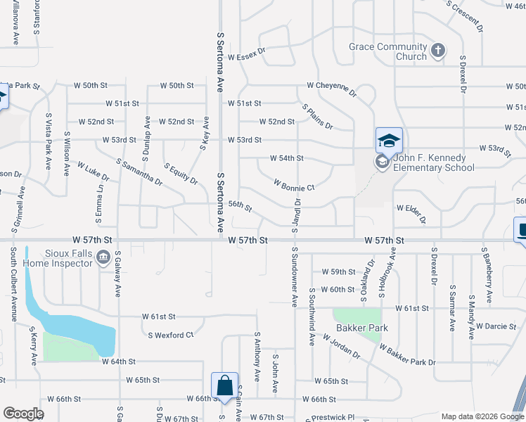 map of restaurants, bars, coffee shops, grocery stores, and more near 6604 West 56th Street in Sioux Falls