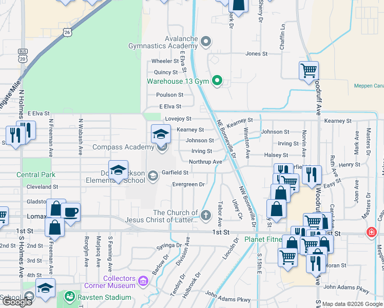 map of restaurants, bars, coffee shops, grocery stores, and more near 1096 Irving Street in Idaho Falls