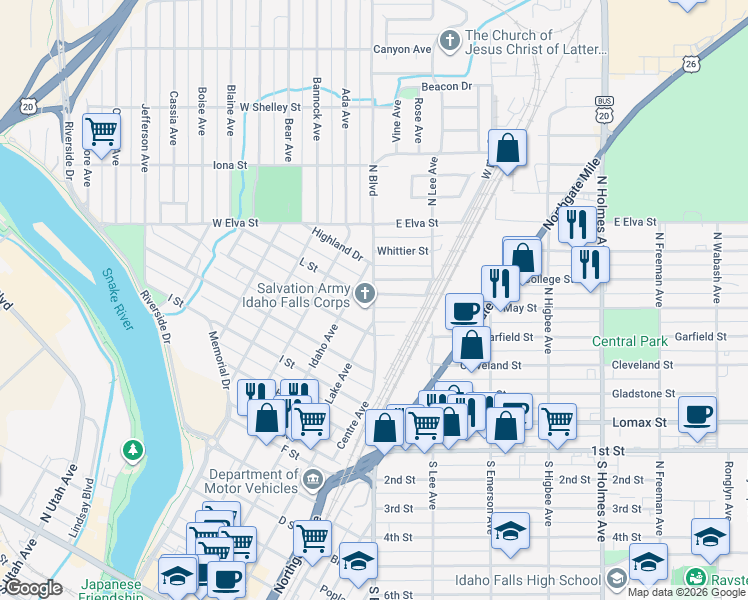 map of restaurants, bars, coffee shops, grocery stores, and more near 626 N Blvd in Idaho Falls