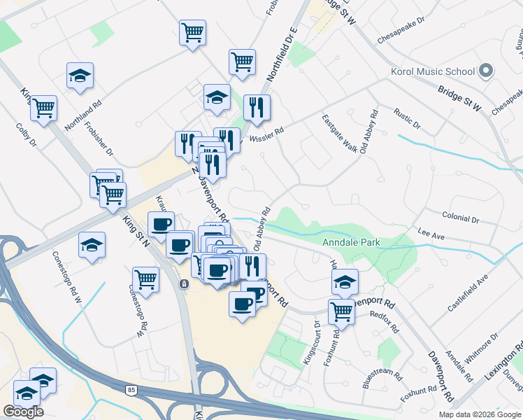 map of restaurants, bars, coffee shops, grocery stores, and more near 188 Old Abbey Road in Waterloo