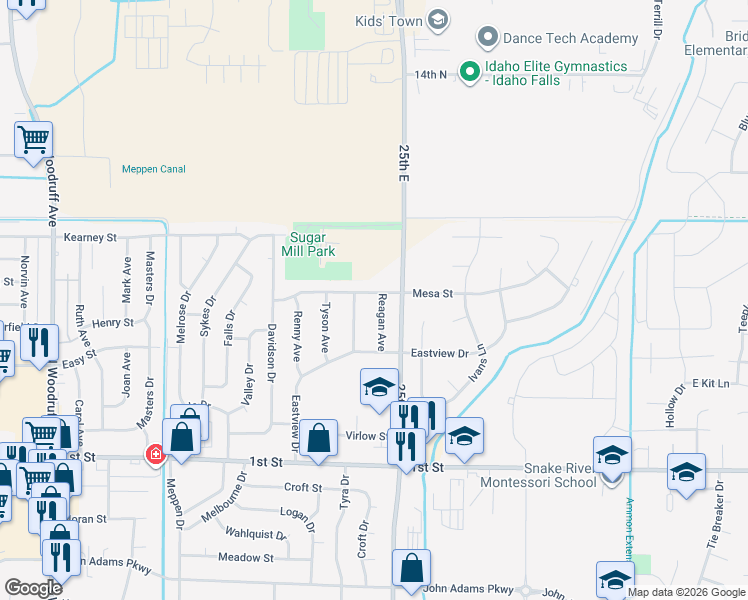 map of restaurants, bars, coffee shops, grocery stores, and more near 632 Douglas Avenue in Idaho Falls