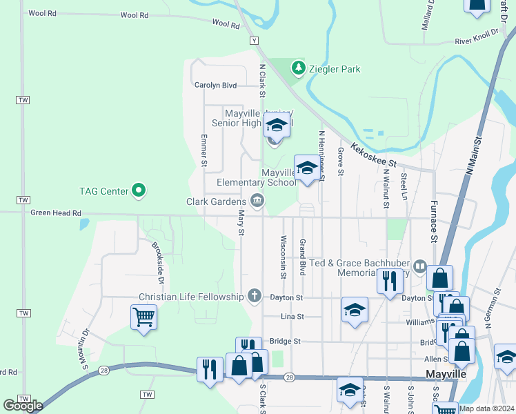 map of restaurants, bars, coffee shops, grocery stores, and more near 401 North Clark Street in Mayville