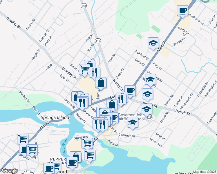 map of restaurants, bars, coffee shops, grocery stores, and more near 22 Vernon Street in Saco