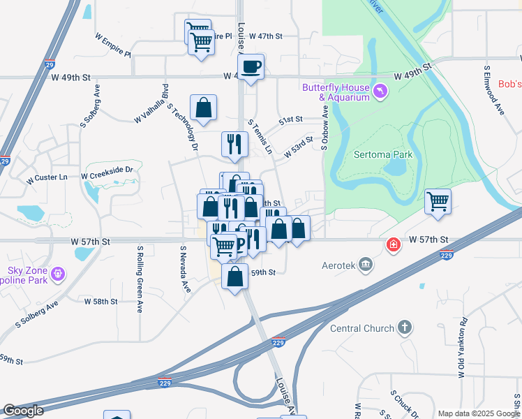 map of restaurants, bars, coffee shops, grocery stores, and more near 4807 South Baha Avenue in Sioux Falls