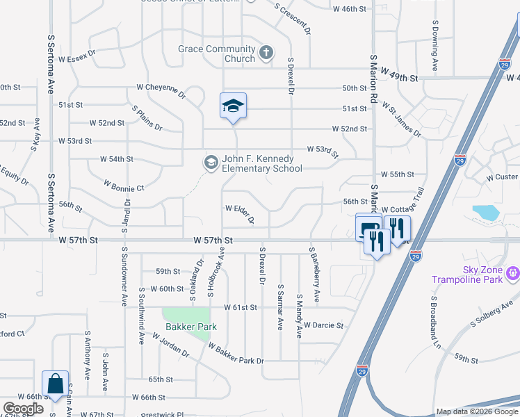 map of restaurants, bars, coffee shops, grocery stores, and more near 5805 West Pebble Creek Road in Sioux Falls