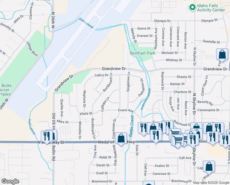 map of restaurants, bars, coffee shops, grocery stores, and more near 833 Coachman Drive in Idaho Falls