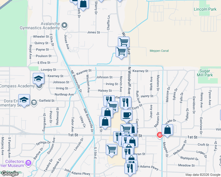 map of restaurants, bars, coffee shops, grocery stores, and more near 1594 Halsey Street in Idaho Falls