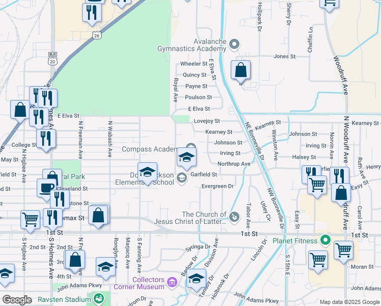 map of restaurants, bars, coffee shops, grocery stores, and more near 955 Garfield Street in Idaho Falls
