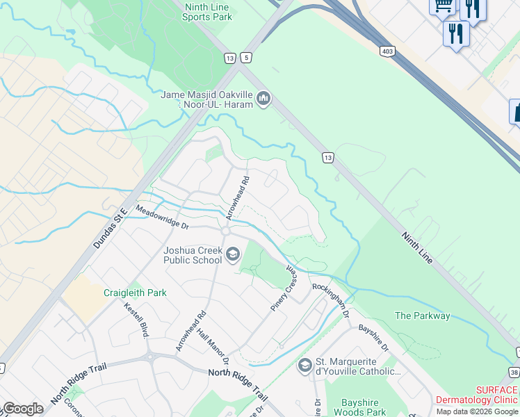 map of restaurants, bars, coffee shops, grocery stores, and more near 2368 Gamble Road in Oakville