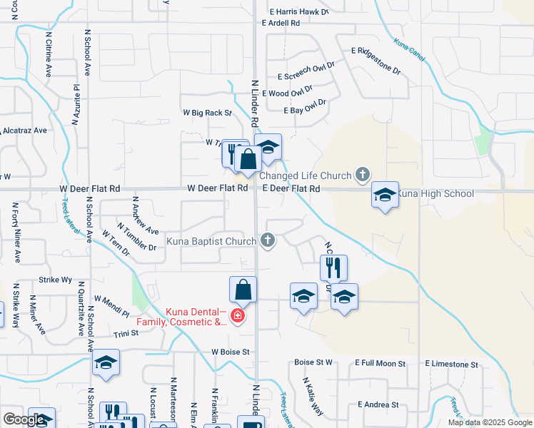 map of restaurants, bars, coffee shops, grocery stores, and more near 140 East Poplin Street in Kuna
