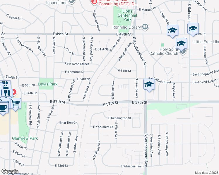 map of restaurants, bars, coffee shops, grocery stores, and more near 2601 East Regency Court in Sioux Falls