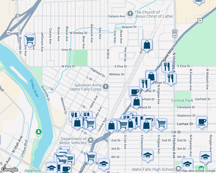 map of restaurants, bars, coffee shops, grocery stores, and more near 600-626 N Blvd in Idaho Falls