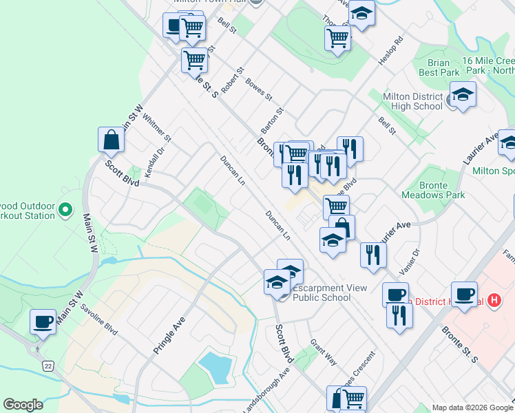 map of restaurants, bars, coffee shops, grocery stores, and more near 272 Duncan Lane in Milton