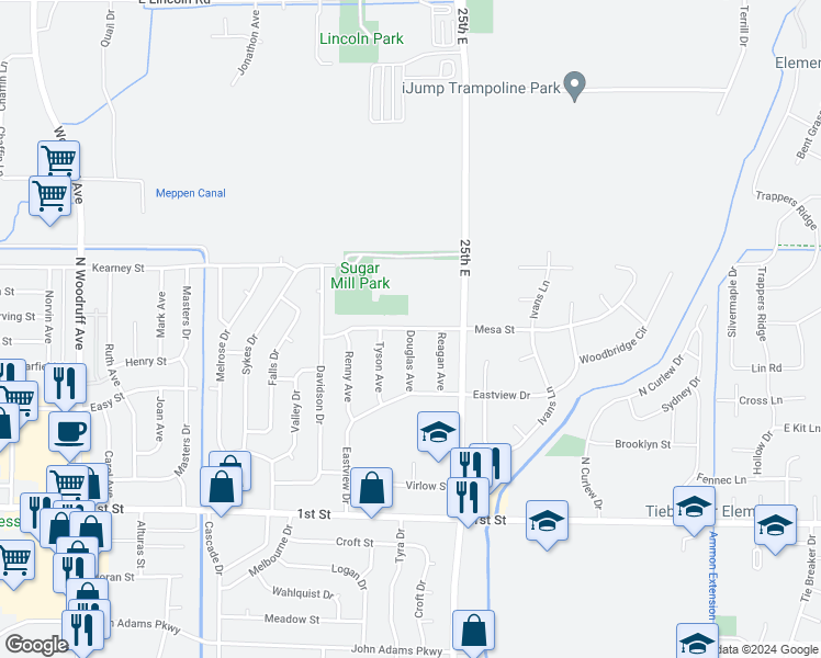 map of restaurants, bars, coffee shops, grocery stores, and more near 634 Douglas Avenue in Idaho Falls