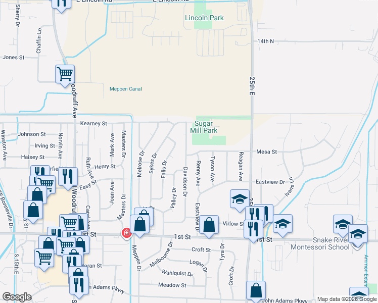 map of restaurants, bars, coffee shops, grocery stores, and more near 645 Davidson Dr in Idaho Falls