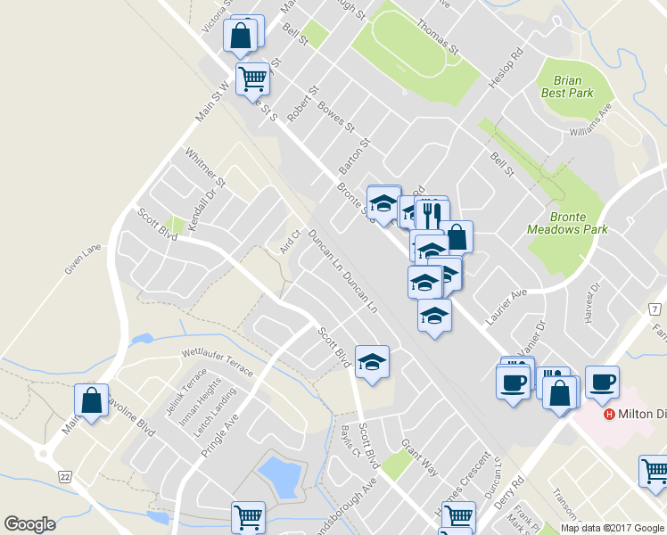 map of restaurants, bars, coffee shops, grocery stores, and more near 270 Duncan Lane in Milton