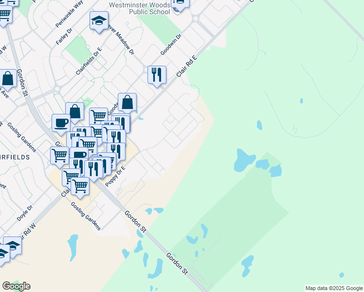 map of restaurants, bars, coffee shops, grocery stores, and more near 152 Dallan Drive in Guelph