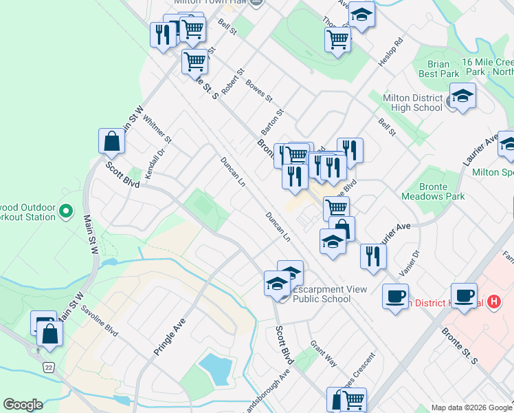 map of restaurants, bars, coffee shops, grocery stores, and more near 270 Duncan Lane in Milton