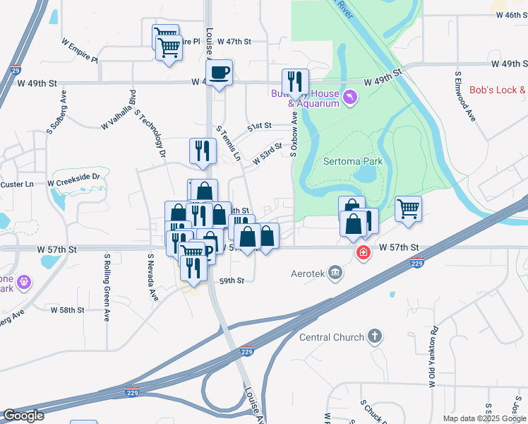 map of restaurants, bars, coffee shops, grocery stores, and more near 3411 West Norie Place in Sioux Falls